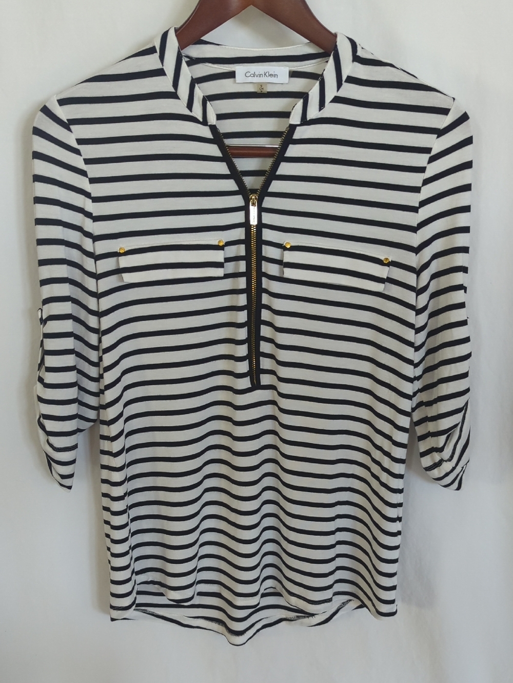 Calvin Klein Striped Zip Front Roll Sleeve Blouse Small M4VHZ843